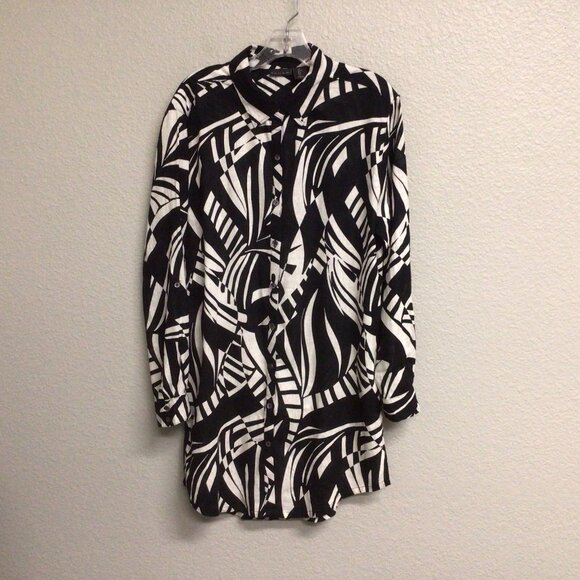 Tahari Shirt Womens Black White Print Linen Blend Button Up Blouse Top Sz Large - Picture 8 of 10